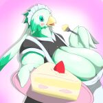  anthro areola areola_slip avian beak big_breasts bird blush breasts cake cleavage cleavage_cutout cleavage_overflow clothed clothing cutlery dessert feathers female food fork fruit gradient_background green_body green_eyes green_feathers hi_res huge_breasts kitchen_utensils looking_at_viewer maid_uniform non-mammal_breasts offering_food one_eye_closed open_mouth plant simple_background slightly_chubby smile solo strawberry sutasl tools uniform wink 