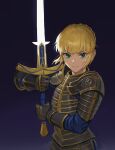  1girl armor artoria_pendragon_(all) blonde_hair breastplate fate/stay_night fate_(series) gauntlets green_eyes hair_between_eyes hair_bun highres holding holding_sword holding_weapon jason_kim looking_at_viewer plate_armor saber solo sword weapon zweihander 