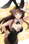  1girl ahoge alternate_costume animal_ears bangs between_breasts black_legwear black_leotard breasts brown_hair bunny_ears bunny_tail card cleavage detached_collar double_bun eyebrows_visible_through_hair fake_animal_ears fake_tail hand_on_hip highres holding kantai_collection kongou_(kancolle) large_breasts leotard long_hair money nel-c one_eye_closed open_mouth pantyhose playboy_bunny playing_card purple_eyes sidelocks simple_background solo tail w wrist_cuffs 