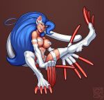  big_feet big_hands blue_hair breasts capcom claws darkstalkers feet felicia_(darkstalkers) female fur hair hi_res humanoid long_claws long_hair longblueclaw red_claws solo video_games white_body white_fur white_tail 