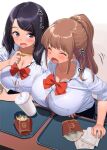  2girls bangs black_hair black_skirt blush bow bowtie bra bra_peek breasts brown_hair cleavage collarbone commentary_request cup disposable_cup drinking_straw eyebrows_visible_through_hair fang food french_fries hair_ornament hairclip kaisen_chuui large_breasts long_hair multiple_girls open_mouth original ponytail red_bow school_uniform shirt simple_background skirt underwear white_background white_shirt 