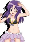  1girl adapted_costume bikini bikini_skirt bikini_top breasts commentary_request cure_fortune happinesscharge_precure! hikawa_iona long_hair looking_at_viewer medium_breasts niita one_eye_closed open_mouth precure purple_hair simple_background smile swimsuit 