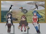  3girls bare_arms black_hair blue_hair boots bow bow_choker bowtie brown_hair brown_legwear cape choker closed_mouth colored_inner_hair dangling dodo_(kemono_friends) empty_eyes flight_attendant floating_hair full_body fur_collar fur_trim gloves great_auk_(kemono_friends) grey_hair hair_ribbon hairband hand_rest hat height_difference highres jacket kemono_friends knees_together_feet_apart long_hair long_sleeves looking_at_viewer miniskirt multicolored_hair multiple_girls open_mouth painting_(object) pantyhose passenger_pigeon_(kemono_friends) pencil_skirt pink_hair purple_eyes red_eyes ribbon semikouen shoes short_hair short_sleeves sitting skirt smile stewardess thighhighs very_long_hair vest yellow_eyes zettai_ryouiki 
