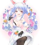  1girl :d animal_ear_fluff animal_ears armpit_peek ass aye bangs bare_shoulders black_gloves black_legwear blue_hair blue_ribbon bow braid breasts bunny-shaped_pupils bunny_ears carrot carrot_hair_ornament cleavage cowboy_shot detached_sleeves don-chan_(usada_pekora) dress eyebrows_visible_through_hair floral_background flower food food_themed_hair_ornament from_side fruit fur_trim gloves gradient gradient_background hair_bow hair_ornament hair_ribbon hand_up highres hololive large_breasts light_blush looking_at_viewer multicolored_hair open_mouth orange_eyes pantyhose pink_background polka_dot polka_dot_background pom_pom_(clothes) puffy_short_sleeves puffy_sleeves purple_pupils ribbon short_sleeves sideboob signature simple_background smile solo standing strawberry thick_eyebrows tress_ribbon twin_braids twintails two-tone_hair usada_pekora white_bow white_dress white_flower white_hair 
