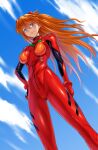  1girl blue_eyes blue_sky bodysuit breasts cloud dutch_angle evangelion:_3.0_you_can_(not)_redo feet_out_of_frame highres medium_breasts multicolored multicolored_bodysuit multicolored_clothes naito_haruto neon_genesis_evangelion nerv plugsuit rebuild_of_evangelion red_bodysuit red_hair shikinami_asuka_langley sky solo souryuu_asuka_langley 