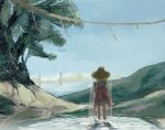  1girl blonde_hair brown_headwear caustics cloud commentary_request day full_body hat highres long_sleeves moriya_suwako mountainous_horizon outdoors pillar purple_skirt purple_vest red_ribbon ribbon rope sano_naoi scenery see-through shimenawa short_hair skirt sky soaking_feet solo standing touhou tree vest water 