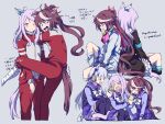  3girls absurdres animal_ears arrow_(symbol) bandaged_leg bandages black_footwear black_jacket blue_eyes blue_legwear blush boots bow brown_hair cup disposable_cup drinking_straw food frilled_jacket gold_ship_(umamusume) grey_background grey_hair high_ponytail highres holding holding_cup holding_food horse_ears horse_girl horse_tail jacket long_hair long_sleeves mejiro_mcqueen_(umamusume) miiii multicolored_hair multiple_girls one_eye_closed open_mouth pants pleated_skirt ponytail purple_eyes purple_hair purple_shirt purple_skirt red_jacket red_pants school_uniform shirt simple_background skirt socks streaked_hair tail taiyaki tokai_teio_(umamusume) tracen_school_uniform track_jacket track_pants track_suit translation_request umamusume upper_teeth very_long_hair wagashi white_bow white_footwear white_hair white_jacket white_skirt 