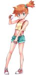  1girl aqua_eyes aqua_shorts bare_arms bare_shoulders breasts closed_mouth collarbone crop_top eyebrows_visible_through_hair full_body hair_between_eyes hand_up holding holding_poke_ball legs_apart looking_at_viewer misty_(pokemon) navel orange_hair poke_ball poke_ball_(basic) pokemon pokemon_(anime) pokemon_(classic_anime) shirt shoelaces shoes short_hair shorts side_ponytail simple_background small_breasts smile sneakers solo standing suspender_shorts suspenders suzuki24 tank_top white_background yellow_shirt 
