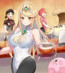  3girls ^^^ arms_(game) bandana black_headwear blonde_hair blush bowl breasts china_dress chinese_clothes closed_mouth dress food green_eyes headpiece highres holding holding_plate katwo kirby kirby_(series) large_breasts long_hair looking_at_another looking_at_viewer min_min_(arms) multiple_girls mythra_(xenoblade) noodles open_mouth plate pyra_(xenoblade) red_hair short_hair sleeveless sleeveless_dress smile super_smash_bros. white_dress xenoblade_chronicles_(series) xenoblade_chronicles_2 yellow_eyes 
