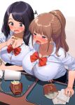  2girls bangs black_hair black_skirt blush bow bowtie bra bra_peek breasts brown_hair cleavage collarbone commentary_request cup disposable_cup drinking_straw eyebrows_visible_through_hair fang food french_fries hair_ornament hairclip inconvenient_breasts kaisen_chuui large_breasts long_hair multiple_girls open_mouth original ponytail red_bow school_uniform shirt simple_background skirt underwear white_background white_shirt 