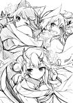  3girls ahoge animal_ear_fluff animal_ears bangs bare_shoulders branch commentary_request eyebrows_visible_through_hair fang fox_ears fox_girl greyscale hair_between_eyes hair_ornament hairclip holding holding_branch holding_sword holding_weapon horns katana long_hair looking_at_viewer lowres monochrome multiple_girls nakiri_ayame nejime one_eye_closed oni_horns ookami_mio open_mouth shirakami_fubuki sidelocks simple_background skin_fang sword weapon white_background wolf_ears wolf_girl 