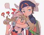  0_0 1boy 1girl :t ? ?? beanie blush bow_hairband bracelet brendan_(pokemon) brown_hair clenched_hands closed_mouth commentary eyebrows_visible_through_hair eyelashes green_bag grey_eyes hairband hands_up hat hinann_bot hug hug_from_behind jewelry long_hair may_(pokemon) pokemon pokemon_(game) pokemon_oras red_hairband shirt short_sleeves simple_background sleeveless sleeveless_shirt sweat white_background 