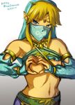  &lt;3 2017 5_fingers armlet blonde_hair blue_eyes bracelet breath_of_the_wild clothed clothing crossdressing digital_media_(artwork) fingers gerudo_outfit gesture girly hair hand_heart humanoid humanoid_pointy_ears hylian jewelry link male mammal minacream navel necklace nintendo nipples not_furry simple_background solo the_legend_of_zelda video_games 