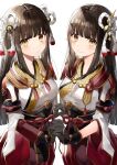  2girls bangs black_gloves blunt_bangs bow breasts brown_hair closed_mouth eyebrows_visible_through_hair eyeshadow gloves hair_bow hair_ornament highres hinoa holding_hands interlocked_fingers japanese_clothes long_hair looking_at_viewer makeup medium_breasts minoto monster_hunter_(series) monster_hunter_rise multiple_girls pointy_ears red_eyeshadow siblings simple_background sisters white_background wide_sleeves yellow_eyes yon_(letter) 