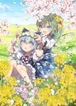  2girls :d alternate_wings arms_up bangs bare_legs barefoot bloomers blue_bow blue_dress blue_eyes blue_hair blue_ribbon blurry blurry_foreground blush bow bug butterfly butterfly_wings cherry_blossoms cirno clover clover_(flower) daiyousei day dress dress_shirt eyebrows_visible_through_hair field flower flower_field flower_necklace flower_request flower_wreath frilled_sleeves frills green_hair hair_bow hair_flower hair_ornament half_updo hands_on_another&#039;s_head hands_up head_wreath highres ice ice_wings insect jewelry knees_together_feet_apart light_blue_eyes light_blue_hair long_sleeves medium_hair mountainous_horizon multiple_girls neck_ribbon necklace open_mouth outdoors puffy_short_sleeves puffy_sleeves purple_flower putting_on_headwear raised_eyebrows red_neckwear red_ribbon ribbon shirt short_hair short_sleeves side_ponytail sitting sky smile sparkle surprised swept_bangs symbol_commentary touhou toutenkou transparent_wings underwear white_butterfly white_flower white_shirt wide-eyed wing_collar wings wrist_cuffs yellow_bow yellow_flower yellow_neckwear 