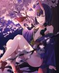  1girl absurdres ankle_ribbon bob_cut breasts cherry_blossoms cup eyeliner fate/grand_order fate_(series) headpiece highres horns ichiya1115 japanese_clothes kimono makeup obi oni oni_horns open_clothes open_kimono purple_eyes purple_hair purple_kimono red_ribbon revealing_clothes ribbon sakazuki sash short_eyebrows short_hair shuten_douji_(fate) sitting skin-covered_horns small_breasts solo 