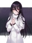  1girl anetai_toyone bangs black_hair breath coat fingernails hands hands_clasped highres interlocked_fingers long_hair looking_at_viewer mexifime open_mouth outside_border own_hands_together red_eyes saki smile snowing solo very_long_hair 