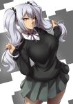  1girl bangs black_sweater d-frag! dutch_angle eyebrows_visible_through_hair grey_hair highres long_hair looking_at_viewer packge pleated_skirt sakai_tama school_uniform shirt skirt smile solo sweater twintails v-neck white_shirt 