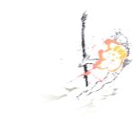  1girl explosion failure fireball highres katana monochrome monster_hunter_(series) monster_hunter_rise motion_blur spot_color ssambatea sword weapon white_background 