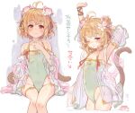  1girl 7010 andira_(granblue_fantasy) animal_ears arm_up blonde_hair blush closed_mouth covered_navel erune flower granblue_fantasy green_swimsuit hair_flower hair_ornament looking_at_viewer monkey_ears monkey_tail multiple_views one-piece_swimsuit one_eye_closed short_hair sitting smile swimsuit tail thighs translation_request yellow_eyes 