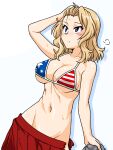  1girl american_flag_bikini bikini blonde_hair blue_eyes blush breasts cleavage closed_mouth covered_nipples flag_print girls_und_panzer groin kay_(girls_und_panzer) navel oosaka_kanagawa red_skirt shiny shiny_hair shiny_skin short_hair simple_background skirt solo standing sweat swimsuit swimwear white_background 