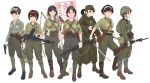  6+girls absurdres arisaka bayonet belt black_footwear black_hair blue_eyes bolt_action boots braid breasts brown_eyes brown_footwear brown_hair cigarette coat full_body glasses gloves goggles goggles_on_head green_coat green_headwear green_pants green_shirt gun handgun hat helmet highres holster imperial_japanese_army long_hair m1911 machine_gun medium_breasts multiple_girls original pants pistol ponytail rifle round_eyewear shirt shoes short_hair simple_background sino_(mechanized_gallery) submachine_gun sword twin_braids type_100 type_96_light_machine_gun watch weapon white_background white_gloves world_war_ii wristwatch 