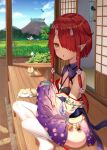  1girl cat commentary cup dog floral_print ground_vehicle hoozuki_warabe horns japanese_clothes kimono motor_vehicle mountain mountainous_horizon noripro official_art oni oni_horns outdoors pointy_ears poster_(object) red_hair sandals sandals_removed shouji sky sliding_doors socks tree truck virtual_youtuber yasuyuki yellow_eyes 