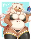  4_fingers anthro belly beverage big_breasts blush bra breasts brown_body brown_fur cleavage clothed clothing curvy_figure doxunn_(full_bokko_heroes) felid female fingers fluffy frilly frilly_clothing full_bokko_heroes_x fullbokko_heroes fur hair hi_res japanese_text kemono legwear lingerie lion long_hair looking_at_viewer maid_headdress mammal mane overweight overweight_anthro overweight_female pantherine panties pepsi portrait shibaemonxsk skimpy solo standing stockings text thick_thighs thigh_highs three-quarter_portrait translation_request underwear voluptuous white_body white_fur white_hair wide_hips yellow_eyes 