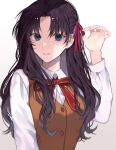  1girl alternate_hairstyle bangs black_hair blue_eyes bow bowtie brown_vest collared_shirt fate/stay_night fate_(series) hair_ribbon half_updo highres homurahara_academy_uniform long_hair long_sleeves looking_at_viewer parted_bangs parted_lips red_bow red_ribbon ribbon shimatori_(sanyyyy) shirt simple_background tohsaka_rin upper_body vest white_background white_shirt 