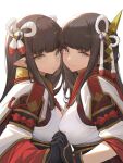  2girls bangs black_gloves blunt_bangs bow breast_press breasts brown_hair eyebrows_visible_through_hair eyeshadow from_side gloves hair_behind_ear hair_bow highres hinoa holding_hands japanese_clothes long_hair looking_at_viewer makeup medium_breasts minoto monster_hunter_(series) monster_hunter_rise multiple_girls nekojira pointy_ears red_eyeshadow siblings sisters smile smug symbol_commentary symmetrical_docking twins white_background yellow_eyes 