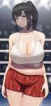  1girl arms_at_sides bangs bare_arms bare_shoulders belly black_hair blurry blurry_background boxing_ring boxing_shorts breasts cleavage collarbone commentary_request commission cowboy_shot eyebrows_visible_through_hair fat_folds freckles heavy_breathing high_ponytail highres indoors large_breasts looking_at_viewer miru_(wvjc7832) muffin_top original parted_lips plump ponytail red_shorts see-through shiny shiny_skin short_hair shorts sidelocks skeb_commission solo sports_bra stage_lights standing sweat veins veiny_breasts wet wet_clothes white_sports_bra yellow_eyes 