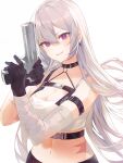  1girl absurdres azur_lane bandaged_arm bandages bangs bare_shoulders black_choker black_gloves breasts choker cleavage commentary_request crop_top gloves grin gun handgun head_tilt highres holding holding_gun holding_weapon long_hair looking_at_viewer midriff navel o-ring parted_lips pistol purple_eyes saibe silver_hair smile solo sovetskaya_rossiya_(azur_lane) stomach upper_body weapon 