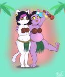  accessory anthro big_breasts black_hair breasts catti_(deltarune) catty_(undertale) clothed clothing coconut_bra deltarune domestic_cat duo ear_piercing fantharubi feet felid feline felis female fur grass_skirt hair hawaiian hi_res mammal musical_instrument open_mouth overweight overweight_female palm_tree piercing plant plucked_string_instrument purple_body purple_fur smile string_instrument thick_thighs toes tree ukelele_(disambiguation) undertale video_games white_body white_fur 