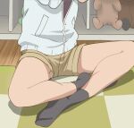  1girl blue_jacket brown_shorts haruyama_kazunori head_out_of_frame hodaka_natsumi houkago_teibou_nisshi jacket legs panties pantyshot shorts sitting socks solo stuffed_animal stuffed_toy underwear white_panties 