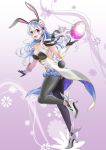  1girl :d alternate_hair_color animal_ears ass black_gloves black_legwear blue_hair breasts bunny_ears bunny_tail cleavage collarbone corrin_(fire_emblem) corrin_(fire_emblem)_(female) detached_collar duplicate easter easter_egg egg fake_animal_ears fake_tail fire_emblem fire_emblem_fates fire_emblem_heroes floral_background flower gloves gradient_hair hair_between_eyes hair_flower hair_ornament hairband high_heels highres holding holding_egg ichino_tomizuki leotard long_hair looking_at_viewer medium_breasts multicolored_hair open_mouth pantyhose playboy_bunny pointy_ears red_eyes showgirl_skirt smile solo strapless strapless_leotard tail white_footwear white_leotard 