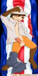  1:2 absurd_res anthro balls blush bottomwear canid canine clothed clothing conditional_dnp costa_rica costa_rican_flag dakimakura_design dakimakura_pose dakimakura_style erection flag fox genitals half_naked handkerchief hat hat_over_eyes headgear headwear hi_res kerchief male mammal open_clothing open_shirt open_topwear orenji_salmonpaw pants paws pubes red_fox shirt signature solo topwear villalobossand1 