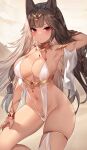  1girl animal_ears arm_behind_head arm_up armlet armpits bangs bare_shoulders blush bracelet breasts brown_hair cat_ears circlet cleavage hair_ornament highres jewelry large_breasts long_hair looking_at_viewer navel neck_ring original red_eyes sidelocks skindentation slingshot_swimsuit sora_72-iro swimsuit thigh_strap thighs white_swimsuit 