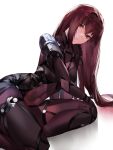  1girl armor blazpu bodysuit covered_navel fate/grand_order fate_(series) gradient leotard long_hair looking_at_viewer parted_lips pauldrons purple_bodysuit purple_hair purple_leotard red_eyes scathach_(fate) scathach_(fate)_(all) shoulder_armor simple_background solo thighs very_long_hair white_background 