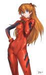  1girl blue_eyes blush bodysuit evangelion:_3.0_you_can_(not)_redo hair_ornament looking_at_viewer multicolored multicolored_clothes neon_genesis_evangelion orange_hair ozkh plugsuit rebuild_of_evangelion shikinami_asuka_langley shiny shiny_clothes simple_background solo souryuu_asuka_langley standing twintails white_background 