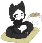  4_fingers ambiguous_gender anthro bag black_body black_fur blush book canid canine canis changed_(video_game) chano fingers food fur holding_object mammal mask pawpads paws pillow puro_(changed) reading simple_background sitting solo white_background white_eyes wolf 