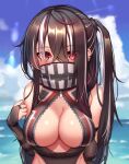  1girl azur_lane bangs bare_shoulders black_bridal_gauntlets black_gloves black_hair black_neckwear black_swimsuit breasts bridal_gauntlets cleavage covered_mouth ear_piercing eyebrows_visible_through_hair eyes_visible_through_hair front_zipper_swimsuit gloves hair_between_eyes hand_up kaptivate large_breasts long_hair looking_at_viewer meme_attire multicolored_hair ocean one-piece_swimsuit outdoors piercing red_eyes scarf side_ponytail sky sleeveless solo streaked_hair swimsuit u-47_(azur_lane) unzipped upper_body water white_hair zipper_pull_tab 