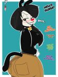  2019 3:4 animaniacs animaniacs_(2020) anthro bedroom_eyes big_breasts big_butt black_body black_fur black_hair blush bottomwear breasts butt clothed clothing curvy_figure dialogue digital_media_(artwork) dot_warner english_text featureless_breasts female flower fur gloves hair handwear hi_res hourglass_figure huge_breasts huge_butt hulu inkblot inkit89 looking_at_viewer mammal multicolored_body multicolored_fur narrowed_eyes pants plant seductive simple_background smile solo suspenders talking_to_viewer teeth text thick_thighs topless topless_female voluptuous warner_brothers white_body white_fur wide_hips 