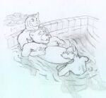  2007 anthro bathing canid canine canis domestic_dog duo felid male male/male mammal moobs nipples osos overweight overweight_male pantherine pool_(disambiguation) tiger traditional_media_(artwork) 