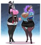  anthro big_breasts boosterpang bottomwear breast_size_difference breasts cervid clothing duo female hair hi_res huge_breasts mammal miniskirt purple_hair skirt thick_thighs 