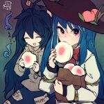  2girls ahoge artist_logo bag black_headwear blue_bow blue_hair blue_skirt bow bracelet closed_eyes commentary_request dated debt eating eyeshadow food food_in_mouth fruit grey_hoodie hair_between_eyes hair_bow hat hat_ornament hinanawi_tenshi holding holding_food hood hoodie jewelry long_hair looking_at_viewer maaru_(akira428) makeup multiple_girls one-hour_drawing_challenge open_mouth paper_bag peach purple_eyeshadow shirt skirt smile touhou very_long_hair white_shirt yorigami_shion 