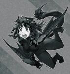  1girl bodysuit breasts claws commentary_request cosplay glowing glowing_eyes greyscale highres jun_(seojh1029) medium_hair monochrome monster_hunter_(series) nargacuga open_mouth signature simple_background solo tail tearing_up wings 