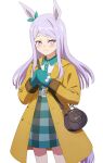  1girl animal_ears bag bangs blush coat commentary_request cowboy_shot dress ear_ribbon eyebrows_visible_through_hair green_ribbon handbag highres horse_ears horse_girl horse_tail light_purple_hair looking_at_viewer mejiro_mcqueen_(umamusume) mittens open_clothes open_coat own_hands_together pom_pom_(clothes) purple_eyes ribbon sabamen simple_background solo swept_bangs tail umamusume white_background 