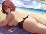  1girl ass bangs beach blue_sky blush breasts clothes_pull day from_behind large_breasts lips looking_at_viewer looking_back lying ocean on_stomach one-piece_swimsuit outdoors pyra_(xenoblade) red_eyes red_hair sand shexyo shiny shiny_hair short_hair sky smash_invitation solo super_smash_bros. swept_bangs swimsuit swimsuit_pull water xenoblade_chronicles_(series) xenoblade_chronicles_2 