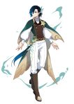  1boy alternate_costume bangs black_hair blue_hair boots cape closed_mouth collared_cape collared_shirt english_commentary feathers flower genshin_impact gradient_hair green_eyes hair_feathers long_hair long_sleeves looking_to_the_side male_focus multicolored_hair shewhoran shihoran shirt shoes simple_background smile solo venti_(genshin_impact) vision_(genshin_impact) white_background white_legwear white_shirt yellow_flower 
