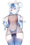  1girl animal_ears blouse blue_eyes blue_hair blush breasts cleavage earrings hair_ornament hairclip highleg hot_vr jewelry large_breasts mouth_hold multicolored_hair navel open_blouse open_clothes original personification playstation_5 ps5_chan see-through simple_background solo standing white_background white_blouse white_hair wire 